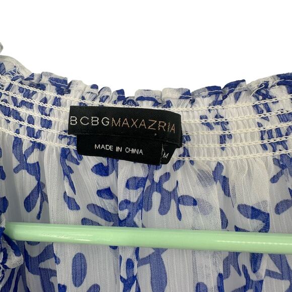 BCBG Maxazria Size Medium Blouse Blue White Ruched Long Sleeve Semi Sheer - Picture 4 of 5
